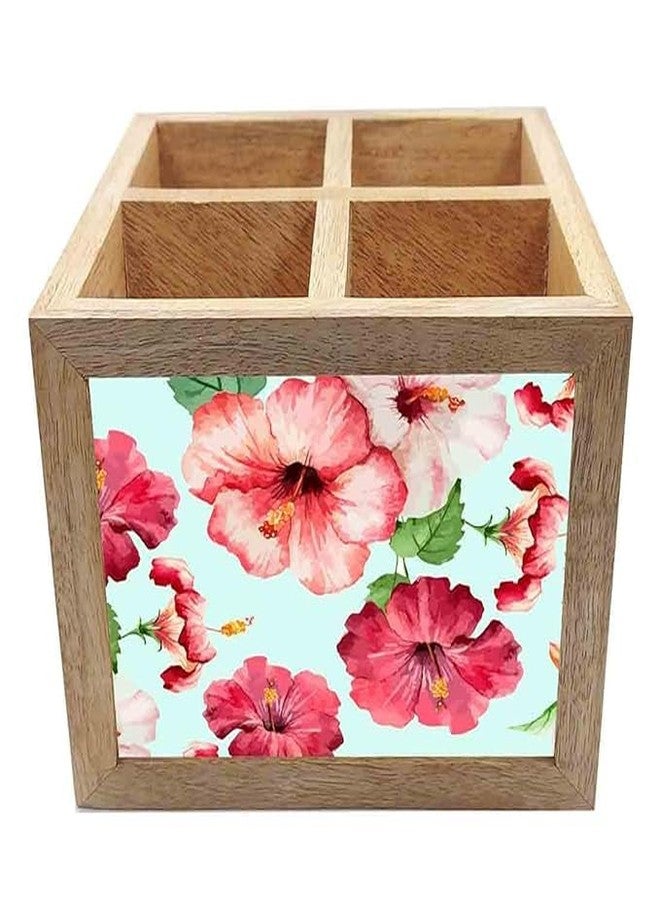 Nutcase Wooden Cutlery Stand Holder Silverware Caddy Spoons Forks Knives Organizer for Dining Table & Kitchen -Made in India-Spoons NOT Included - Hibiscus with White Background - Image 4